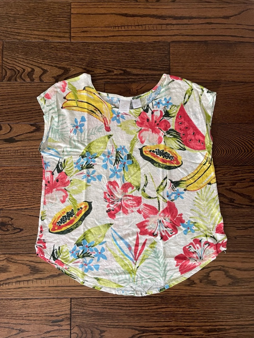 C&C California White Short Sleeve Top with Pink, Yellow & Green Tropical Print